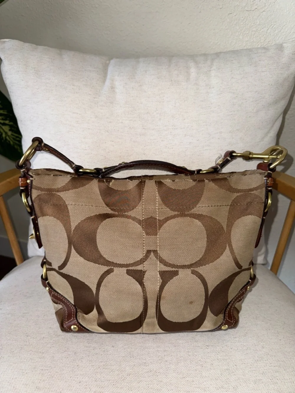 Coach Y2K Vintage Signature Carly Canvas Brown Tan Hobo Shoulder HandBag #10619
